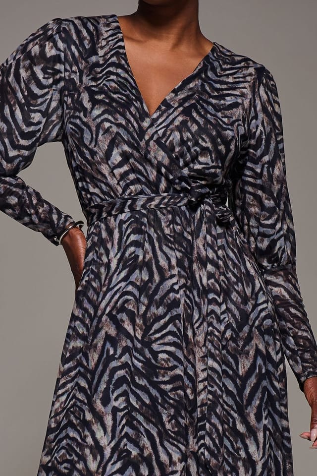 Jolie Moi Jolie Moi Women's Mesh Long Puff Sleeve Wrap Midi Dress in Brown - 3