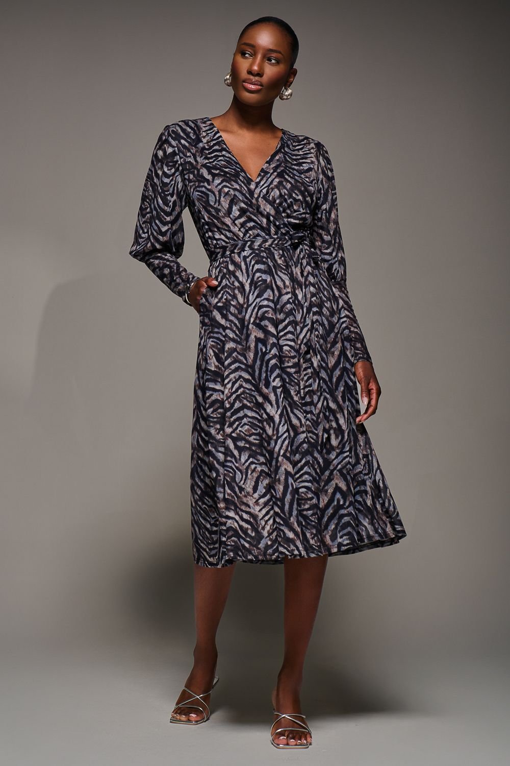 Jolie Moi Jolie Moi Women's Mesh Long Puff Sleeve Wrap Midi Dress in Brown - 4