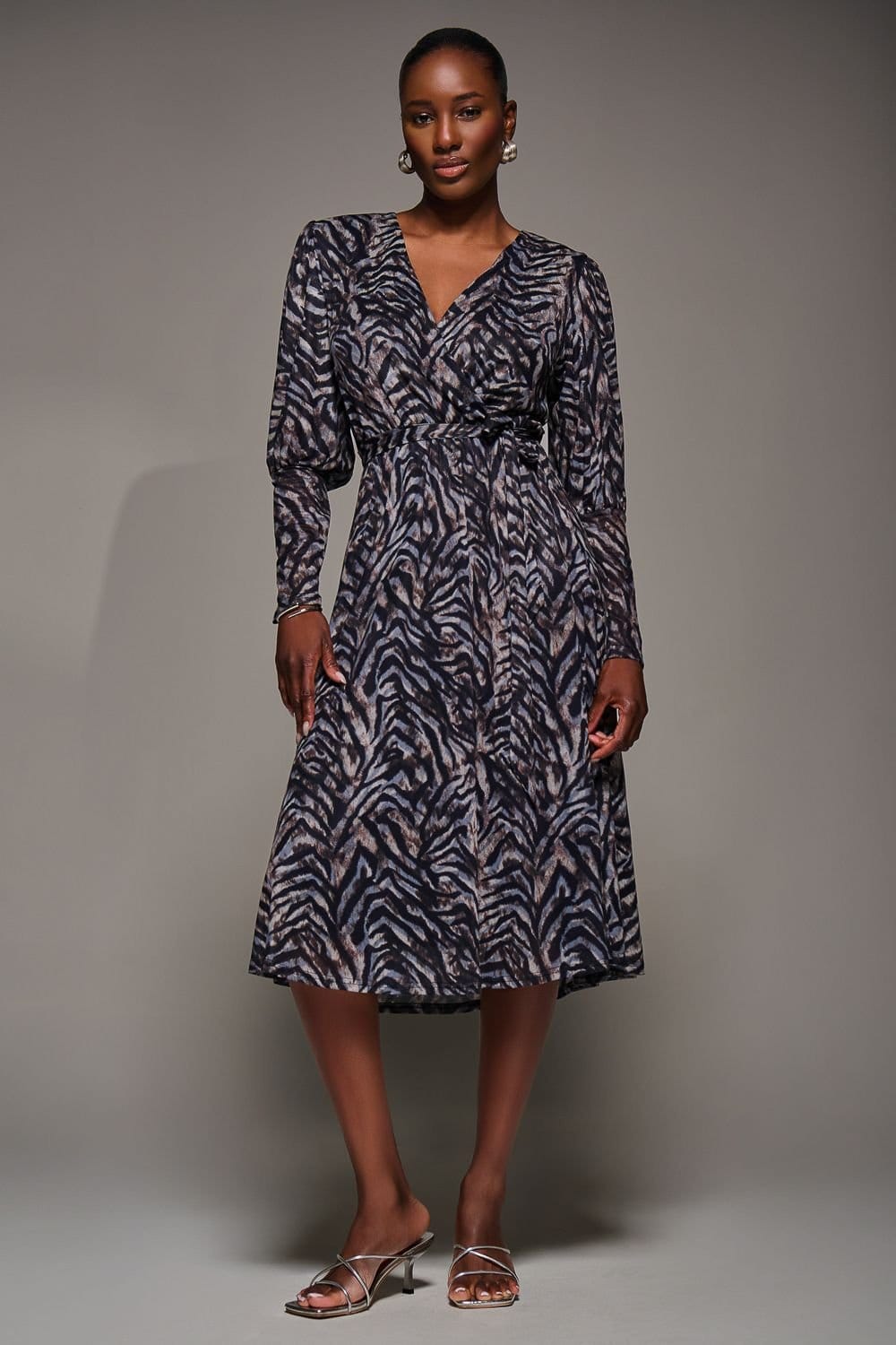 Jolie Moi Jolie Moi Women's Mesh Long Puff Sleeve Wrap Midi Dress in Brown - 4