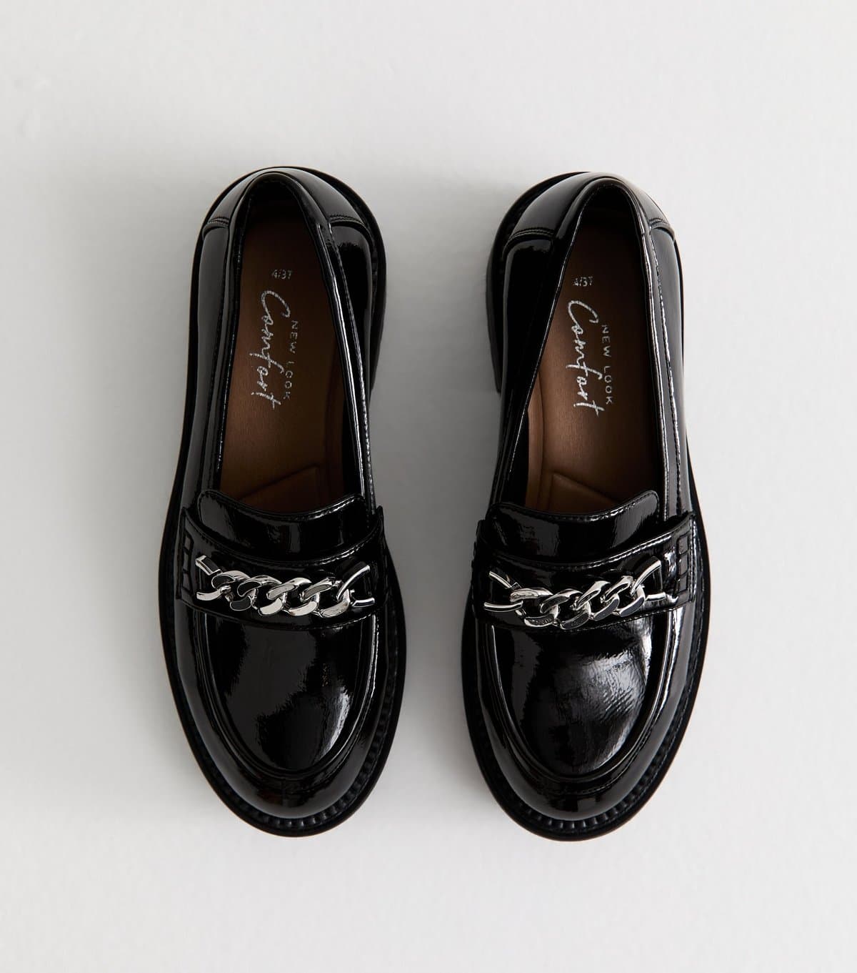 New Look Women's Black Faux Patent Leather Chain Trim Chunky Sole Loafers Vegan New Look