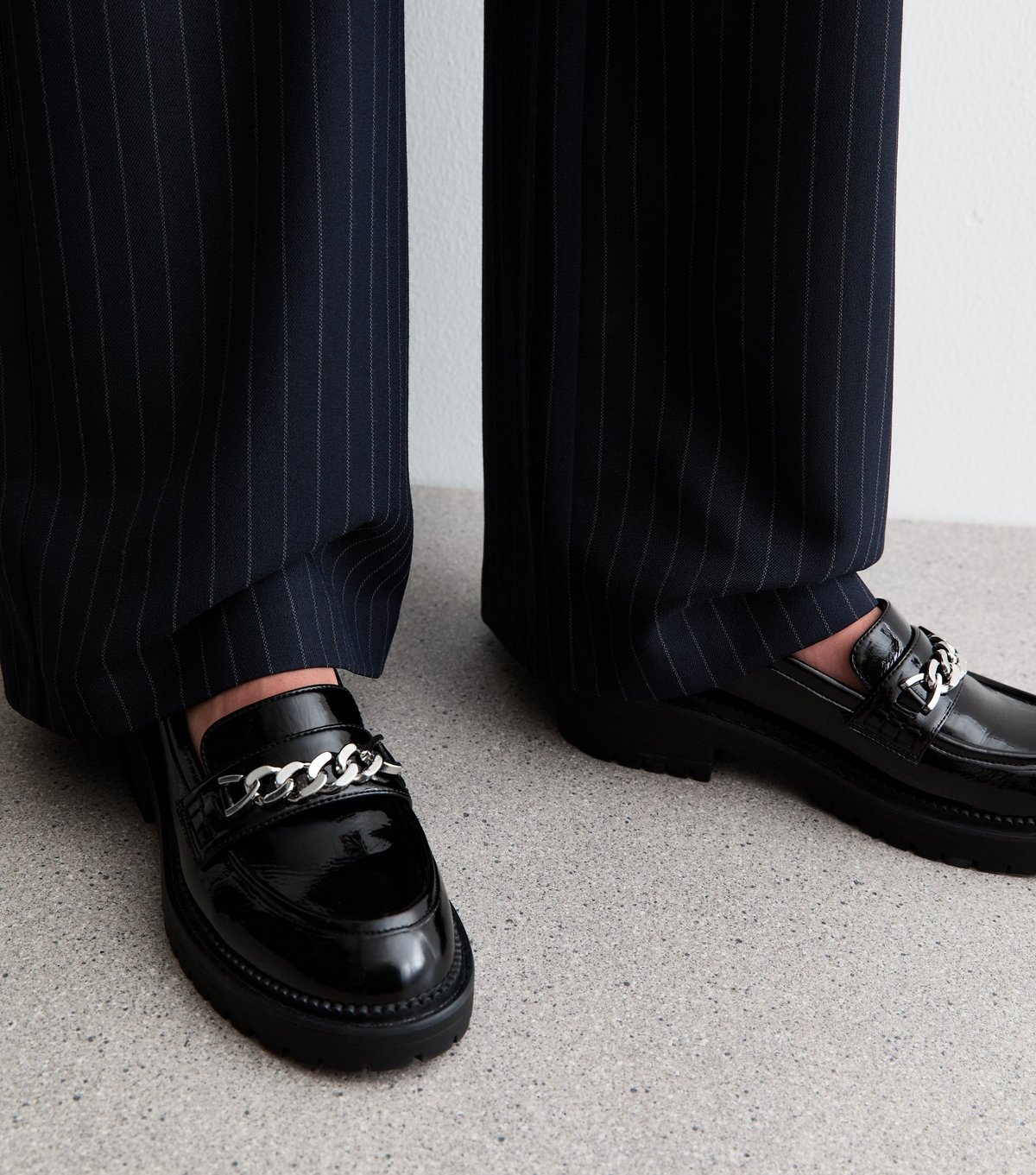 New Look Women's Black Faux Patent Leather Chain Trim Chunky Sole Loafers Vegan New Look - 2