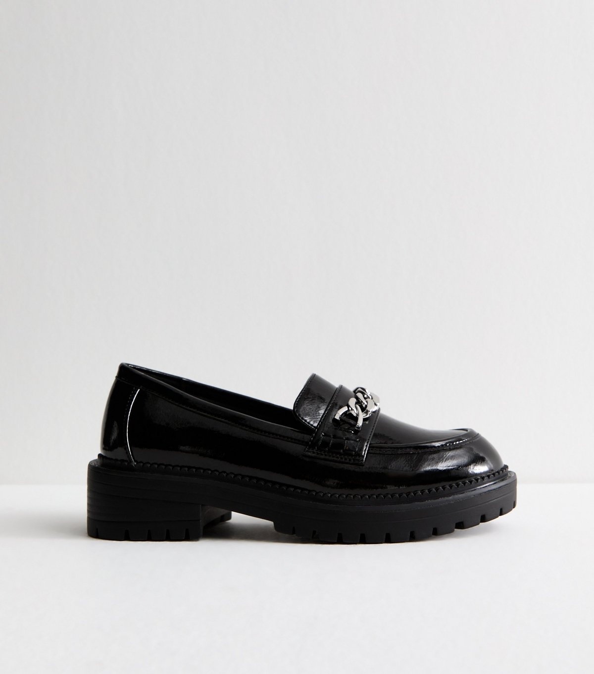 New Look Women's Black Faux Patent Leather Chain Trim Chunky Sole Loafers Vegan New Look - 3