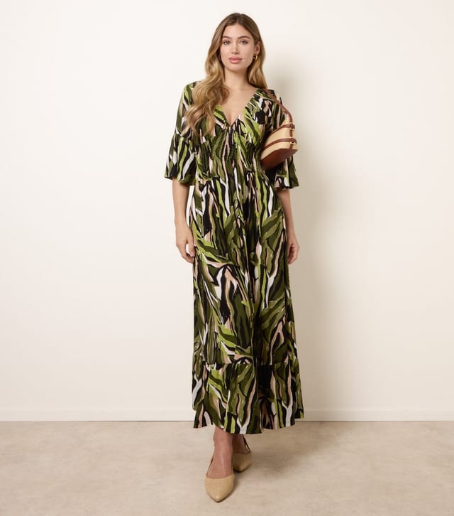 Blue Vanilla Women's Green Abstract Shirred Maxi Dress Blue Vanilla New Look - 3