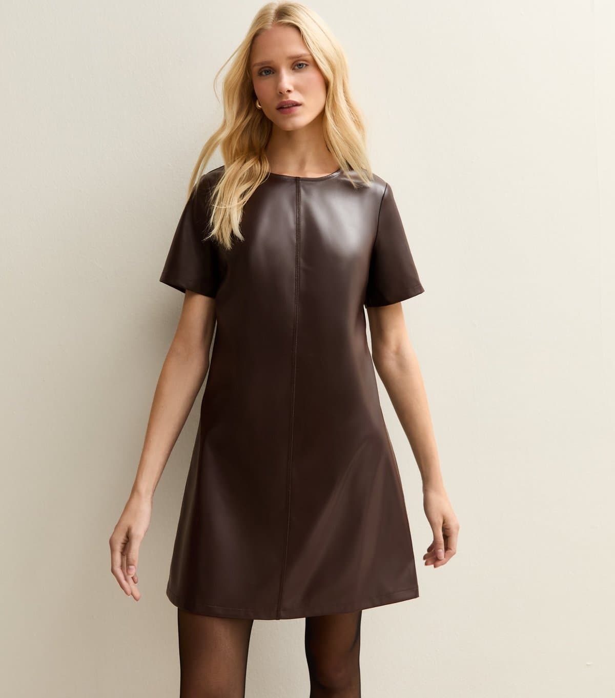 New Look Women's Dark Brown Faux Leather Short Sleeve Mini Dress New Look