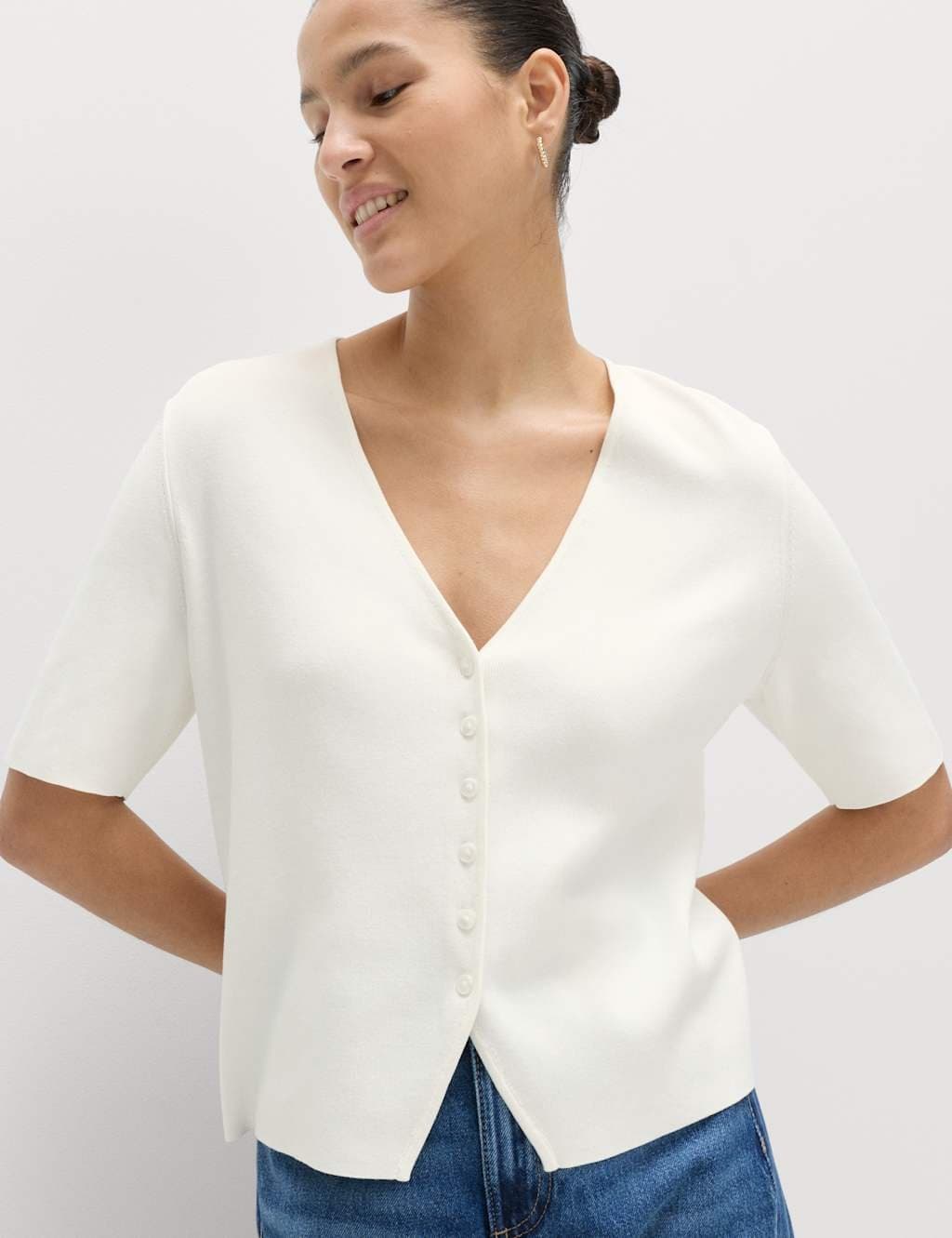 Marks & Spencer M&S V-Neck Button Through Slim Fit Cardigan in Soft White