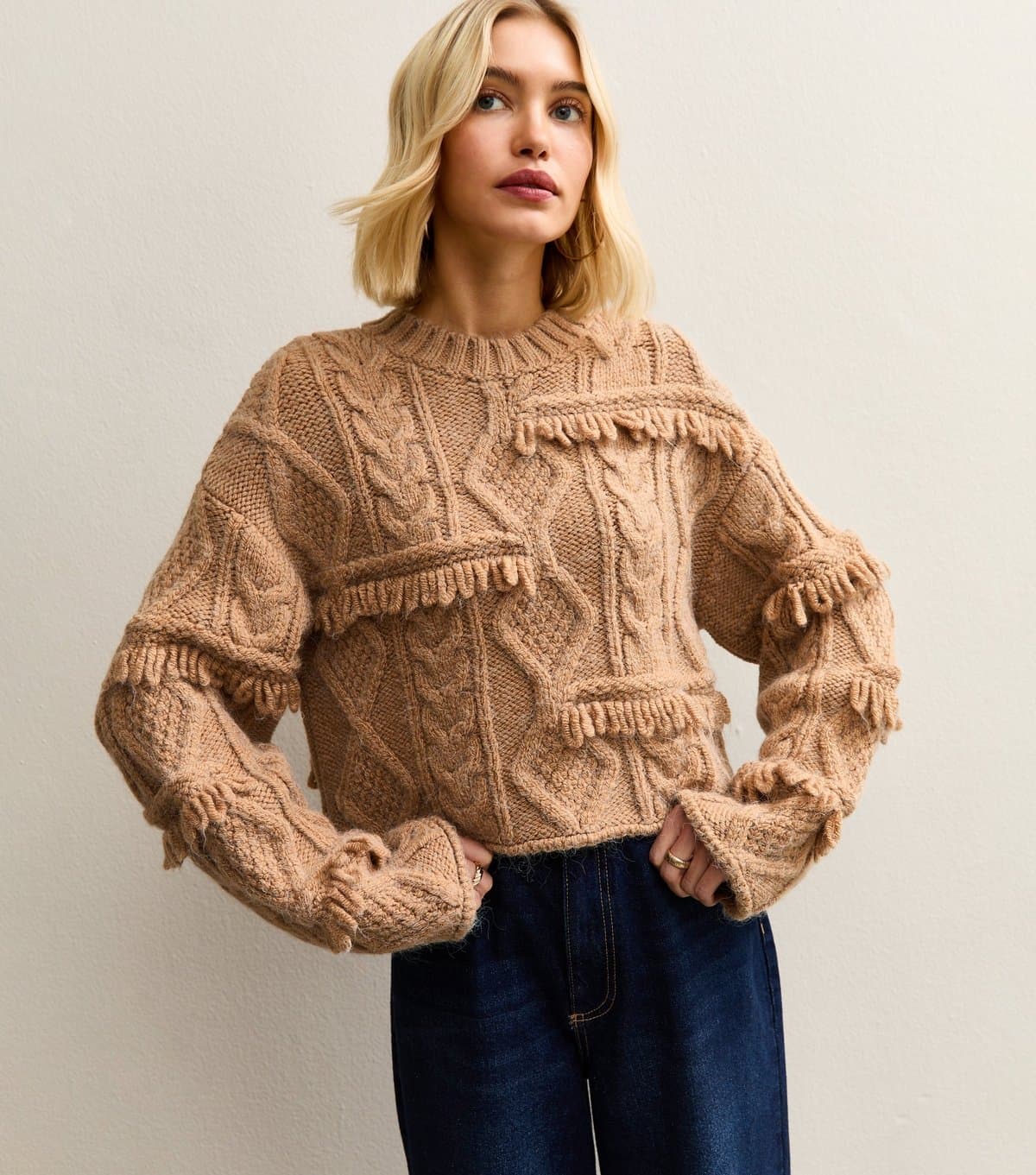 New Look Women's Camel Multi-Knit Fringed Jumper New Look