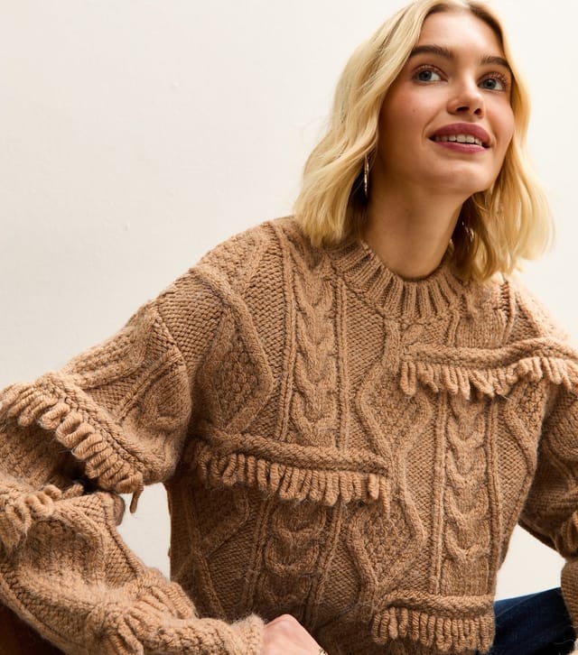 New Look Women's Camel Multi-Knit Fringed Jumper New Look - 2