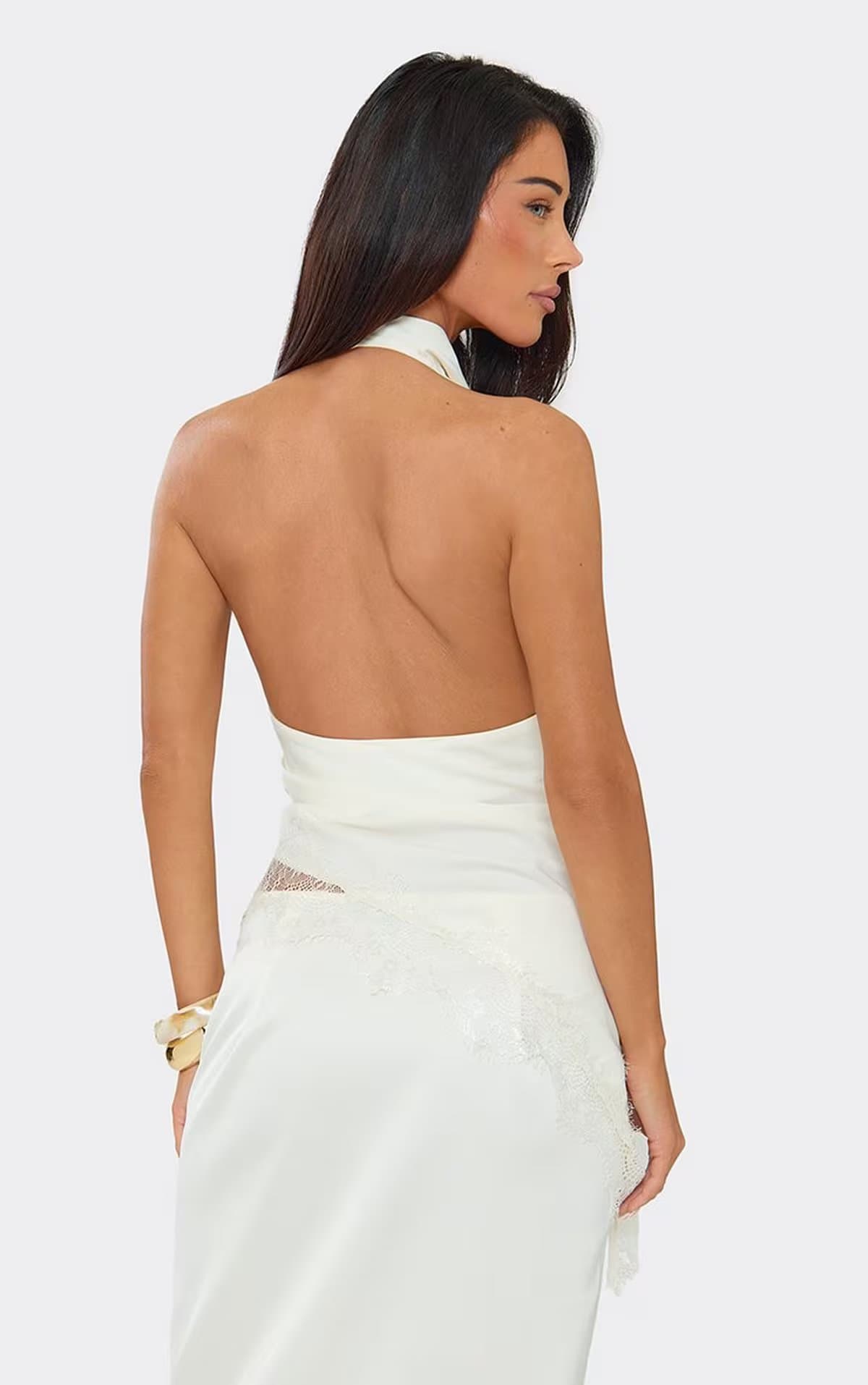 EGO EGO Cream Satin Cowl Neck Asymmetric Lace Hem Top