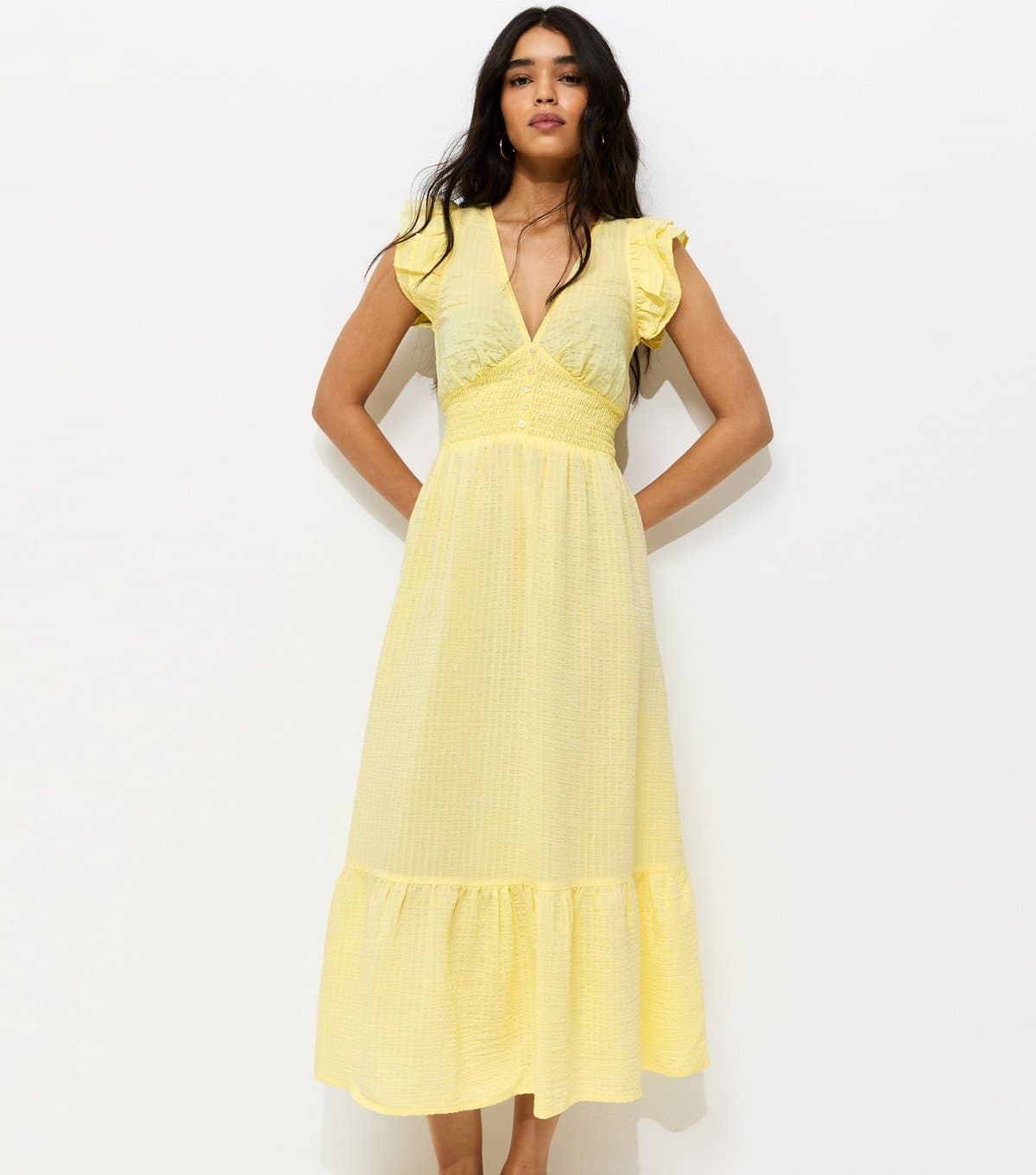 New Look Women's Light Yellow Ruffled Cap Sleeve Midi Dress New Look