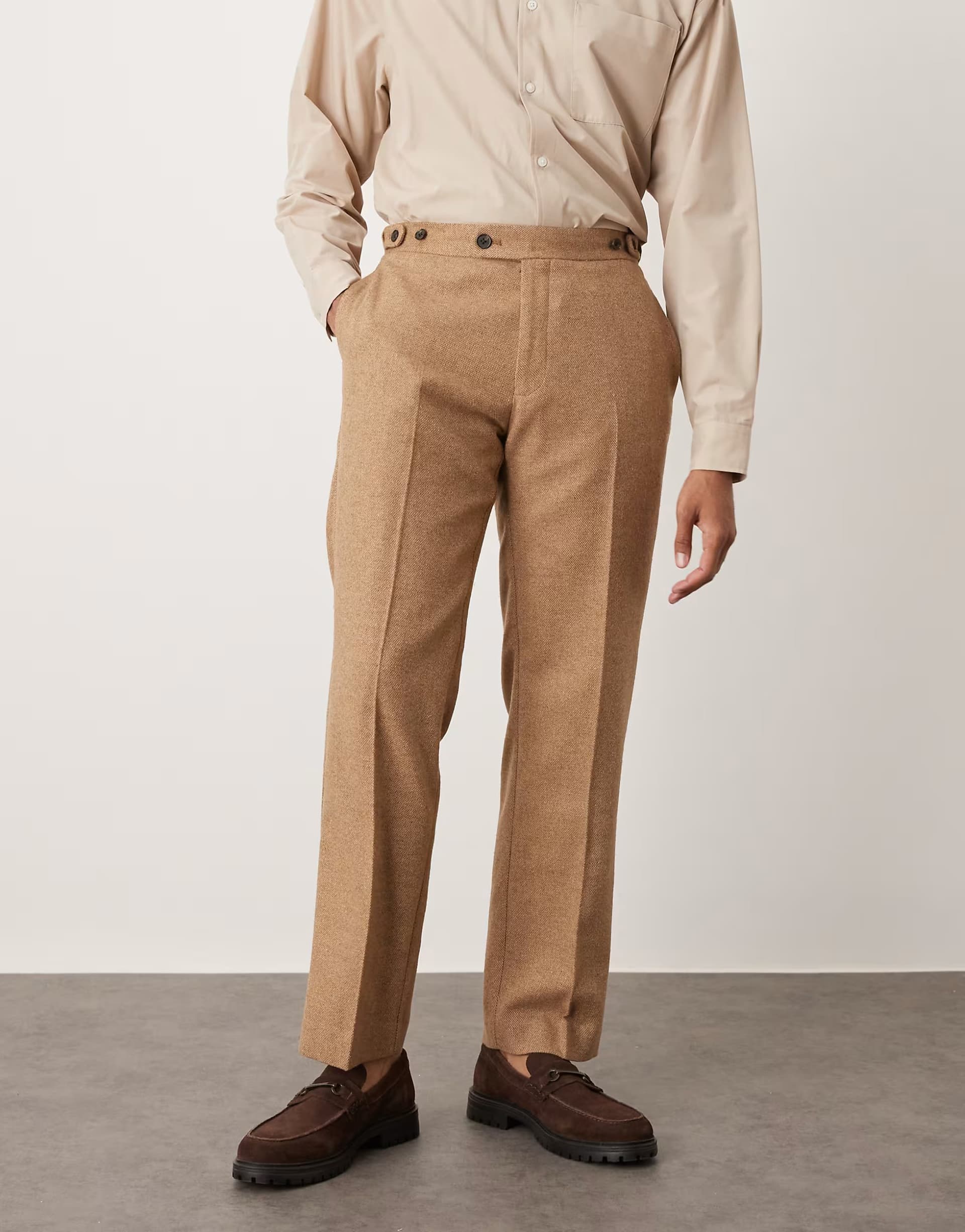 ASOS ASOS DESIGN smart straight leg wool blend trousers in camel with side adjusters