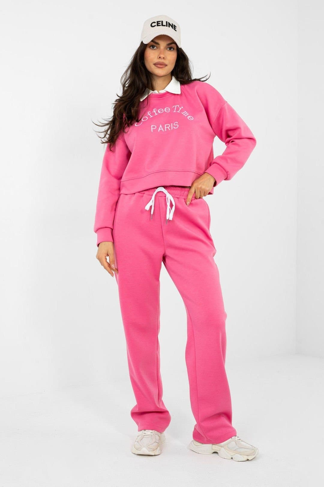 Love Lace Love Lace Women's Embroidered Cropped Sweatshirt Tracksuit Set in Pink