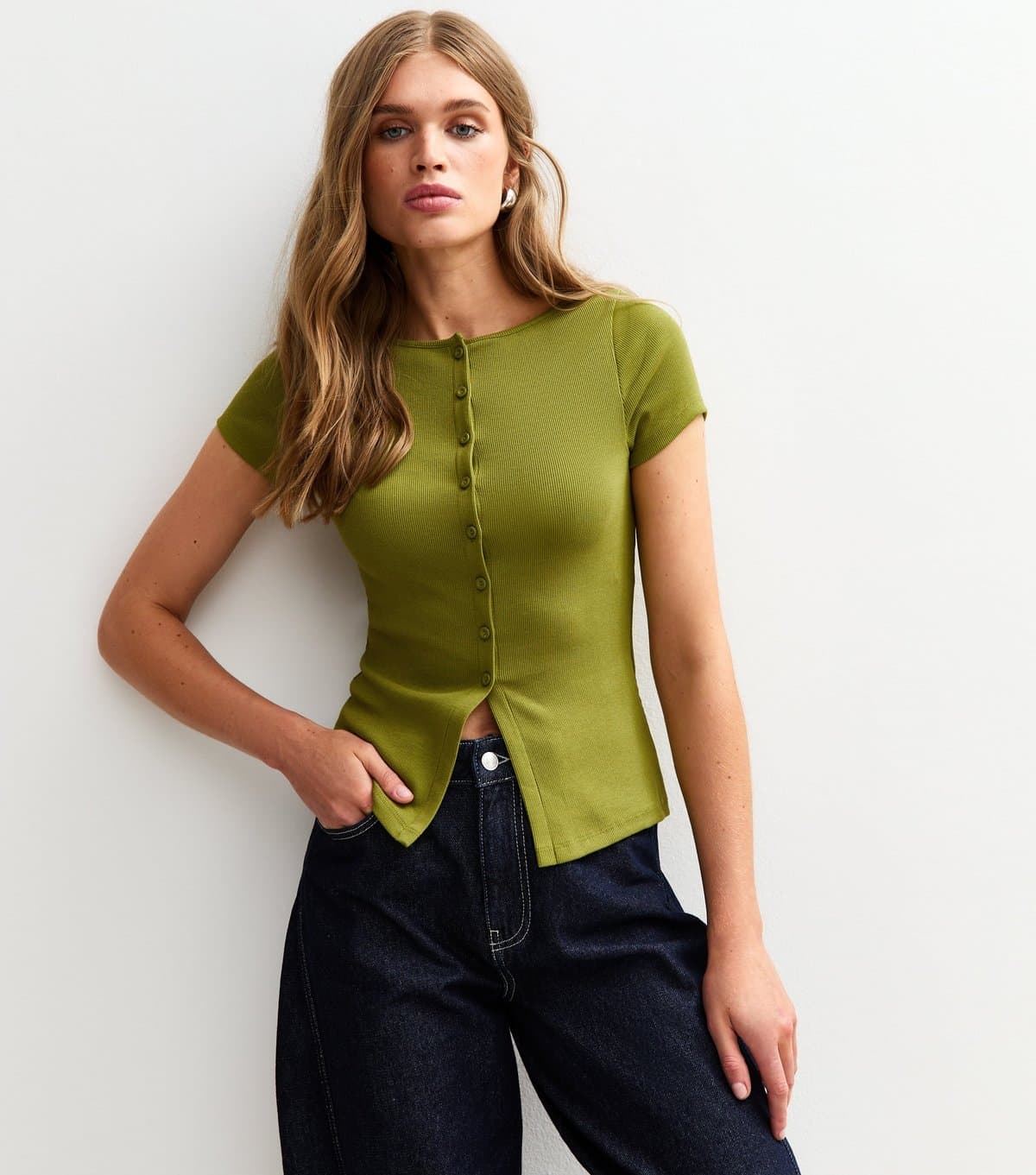 New Look Women's Light Green Ribbed Button Up Baby Tee New Look