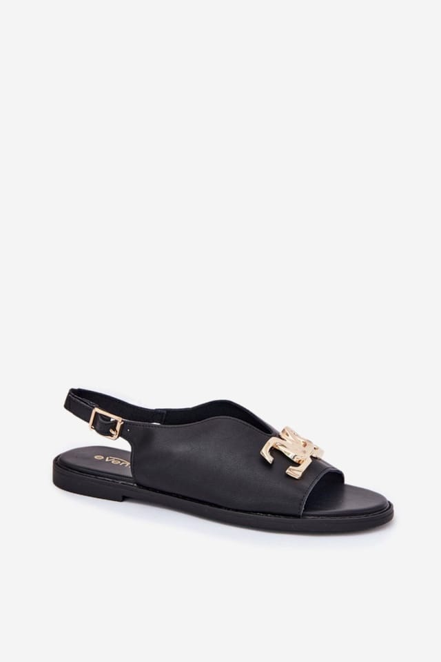 Love Lace Love Lace Women's Gold Trim Buckle Flat Sandals Adjustable Strap Summer Comfort in Black - 2
