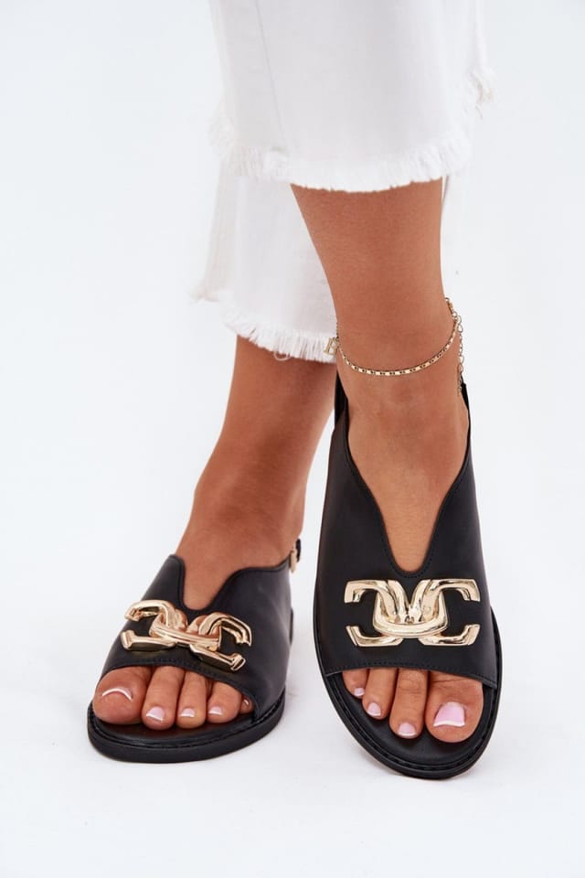 Love Lace Love Lace Women's Gold Trim Buckle Flat Sandals Adjustable Strap Summer Comfort in Black - 3