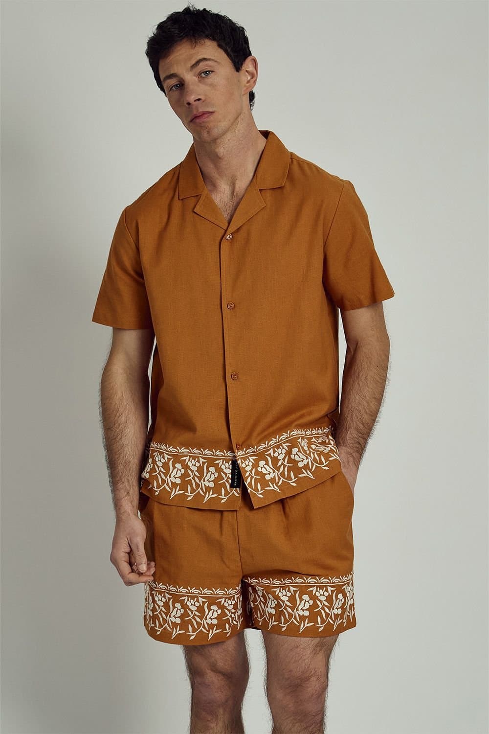 Native Youth Native Youth Men's Cotton Linen Blend Floral Embroidered Trim Button Short Sleeve Shirt in Orange