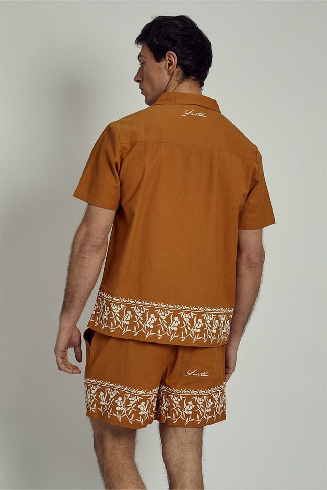 Native Youth Native Youth Men's Cotton Linen Blend Floral Embroidered Trim Button Short Sleeve Shirt in Orange - 2