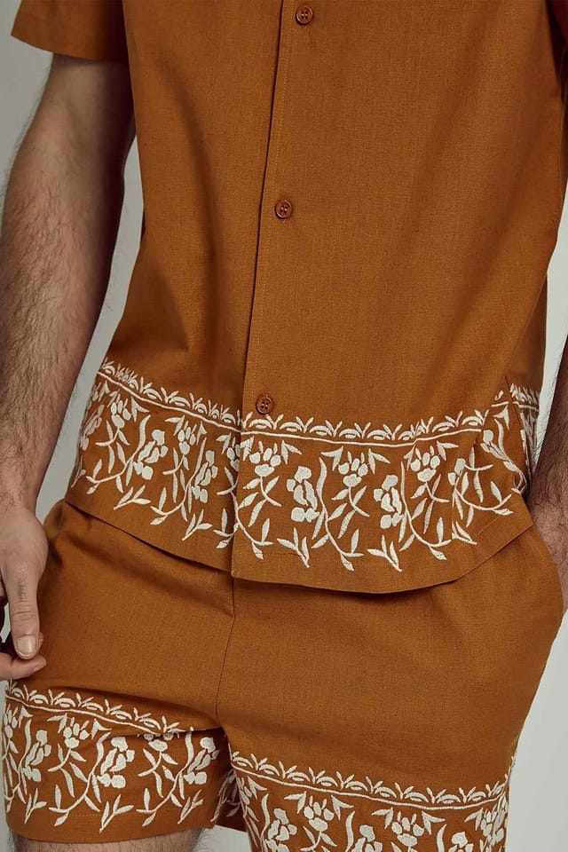 Native Youth Native Youth Men's Cotton Linen Blend Floral Embroidered Trim Button Short Sleeve Shirt in Orange - 3