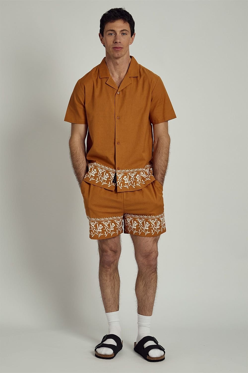 Native Youth Native Youth Men's Cotton Linen Blend Floral Embroidered Trim Button Short Sleeve Shirt in Orange - 4