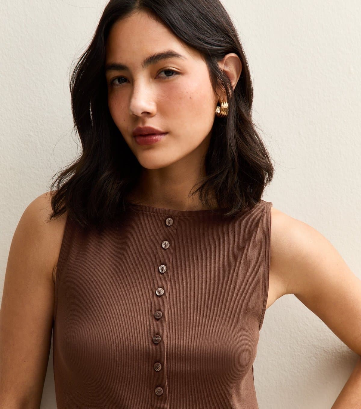 New Look Women's Brown Button Through Tank Top New Look