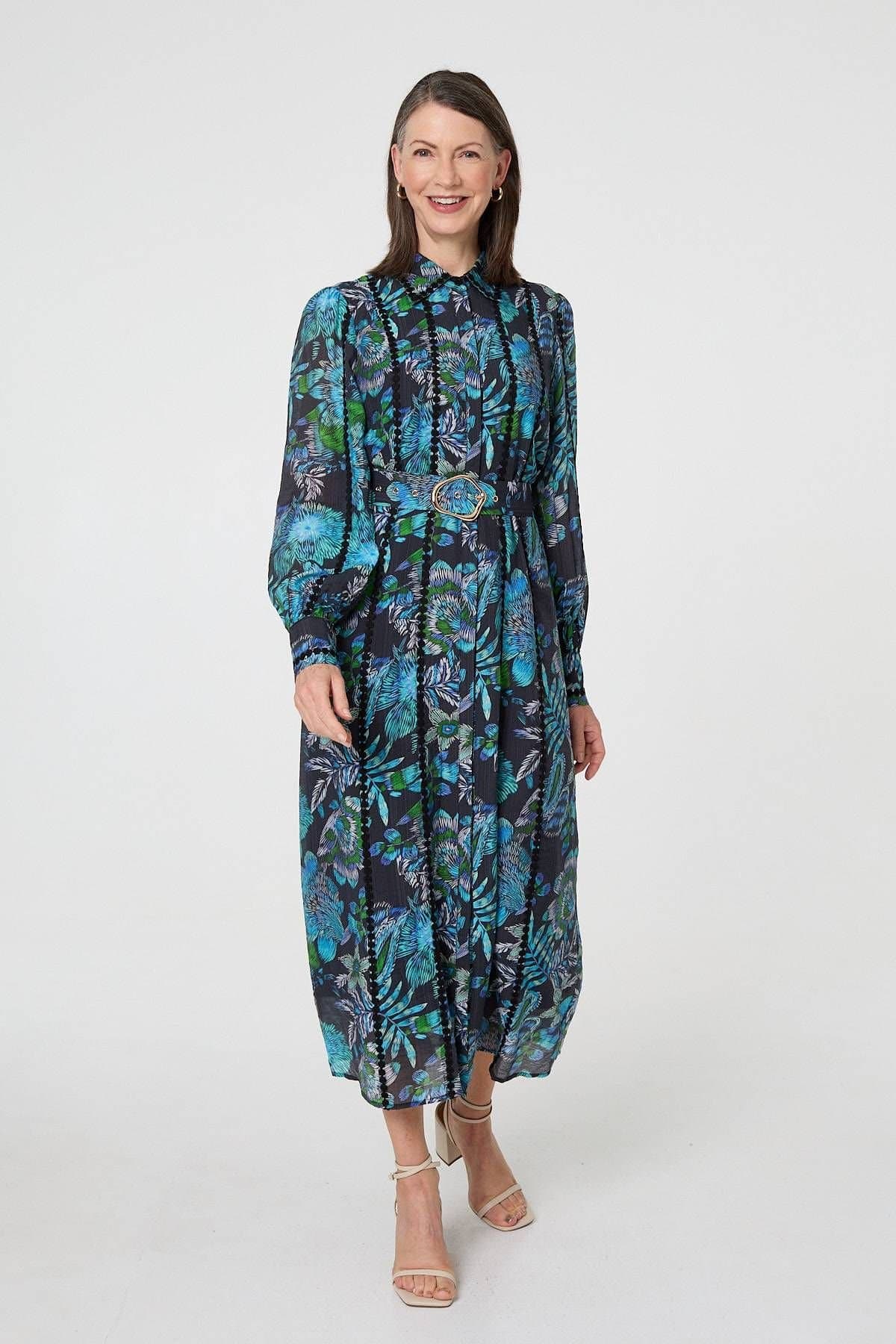 Izabel London Izabel London Women's Printed Embellished Belted Maxi Dress