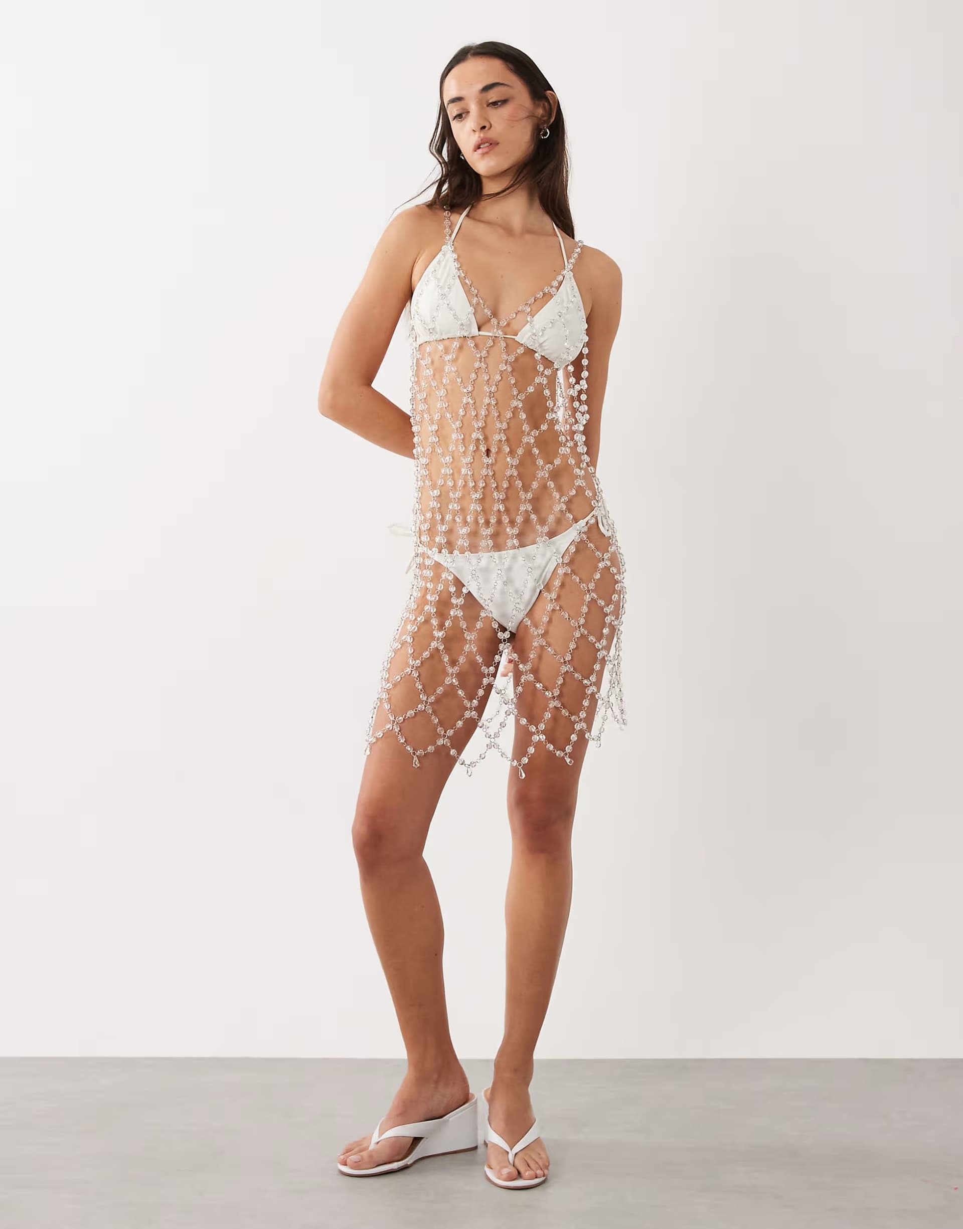 ASOS Miss Selfridge beach premium embellished sheer cowl back mini dress