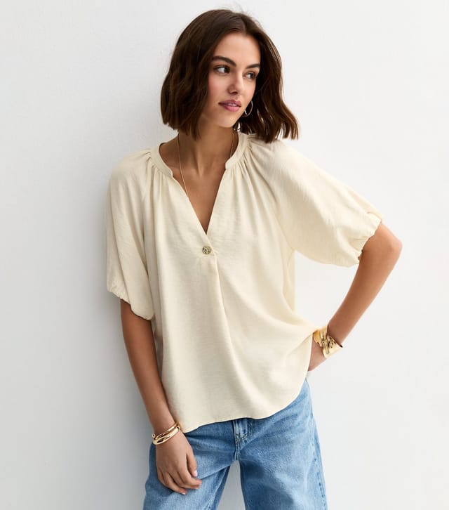 New Look Women's Off White Puff Sleeve V-Neck Blouse New Look - 2