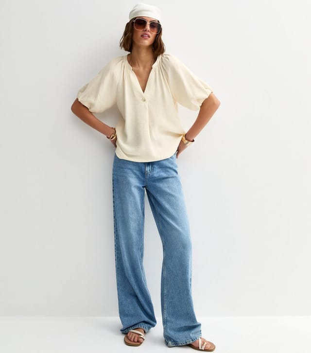 New Look Women's Off White Puff Sleeve V-Neck Blouse New Look - 3
