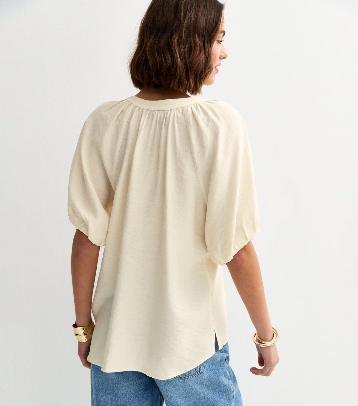 New Look Women's Off White Puff Sleeve V-Neck Blouse New Look - 4