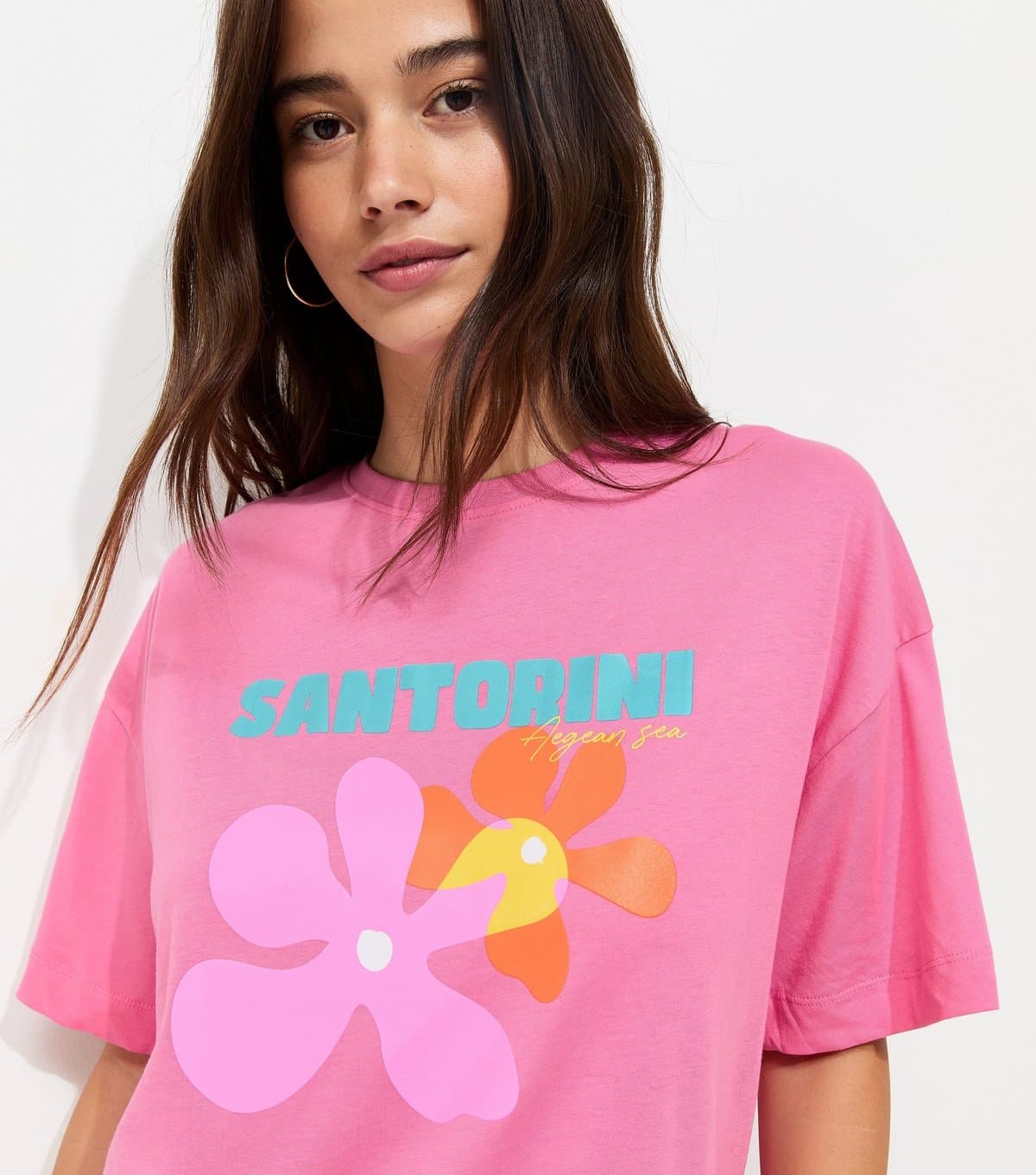 New Look Women's Pink Cotton Santorini Print Oversized T-Shirt New Look