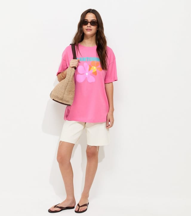 New Look Women's Pink Cotton Santorini Print Oversized T-Shirt New Look - 2