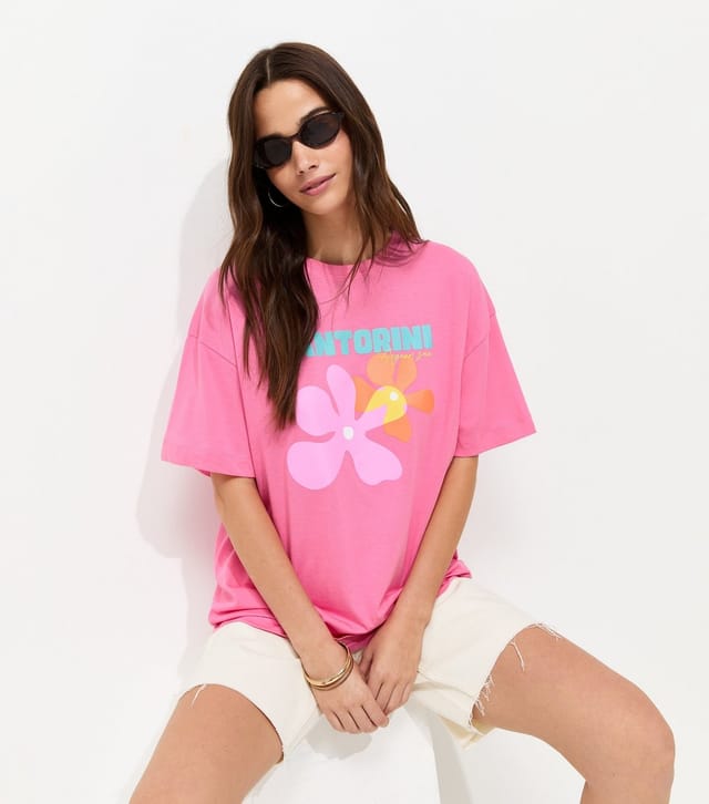 New Look Women's Pink Cotton Santorini Print Oversized T-Shirt New Look - 3