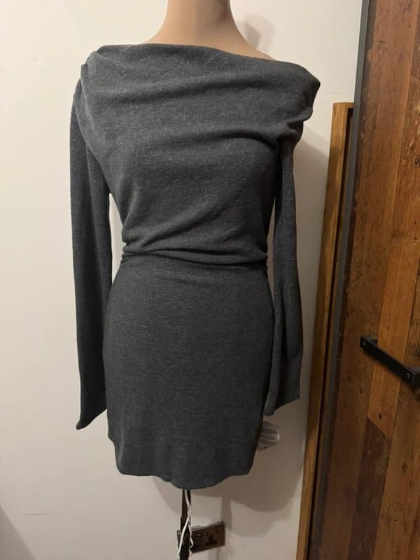 ASOS Design fluffy fallen shoulder mini dress in charcoal grey long sleeve cosy size S