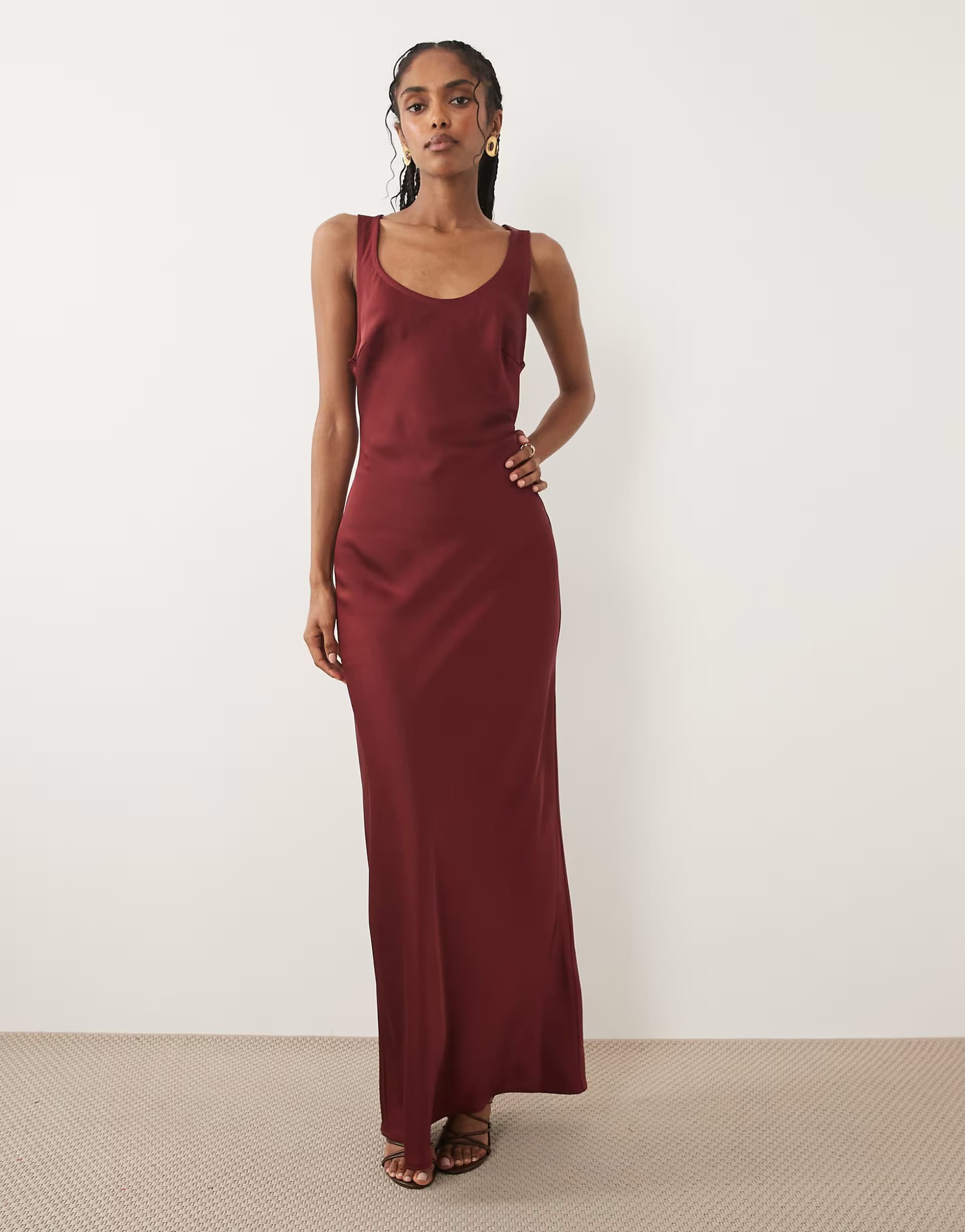 ASOS Pretty Lavish Breya satin scoop neck maxi slip dress in burgundy
