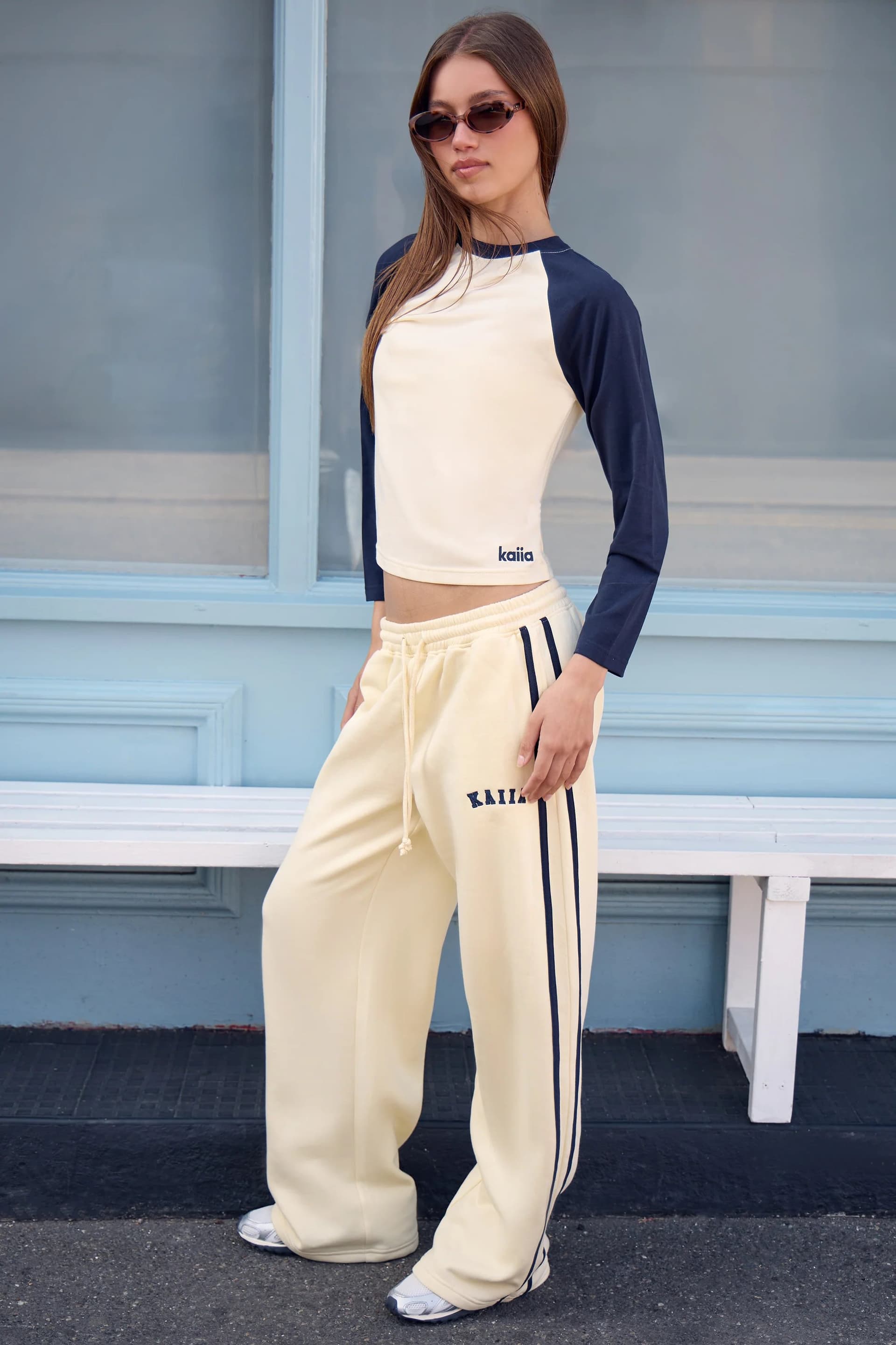 Kaiia Kaiia Sport Side Stripe Wide Leg Joggers Butter Yellow & Navy
