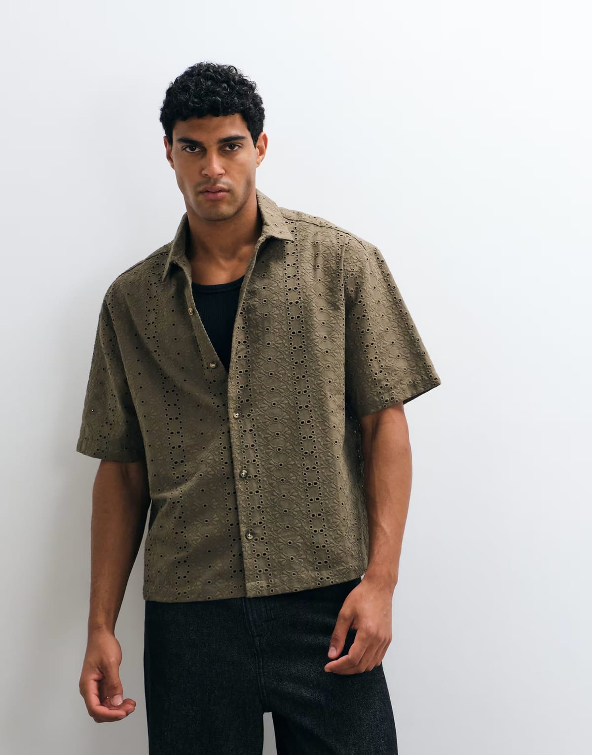 ASOS ASOS DESIGN boxy oversized broderie shirt in khaki - 1