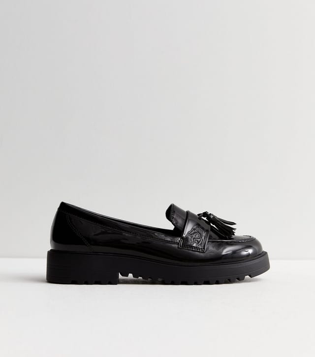New Look Women's Black Patent Tassel Chunky Loafers Vegan New Look - 2