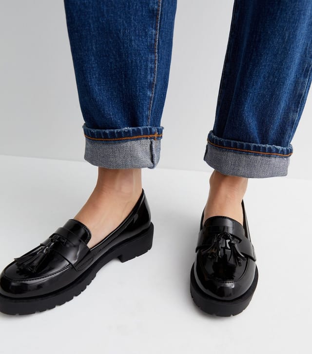 New Look Women's Black Patent Tassel Chunky Loafers Vegan New Look - 3