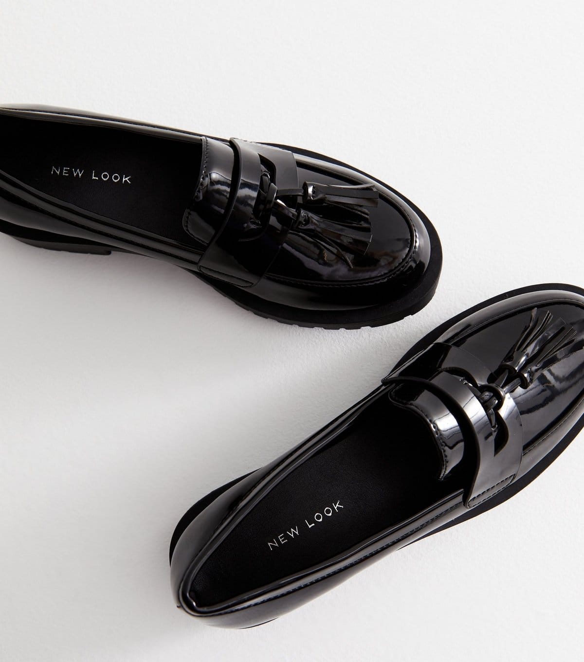 New Look Women's Black Patent Tassel Chunky Loafers Vegan New Look - 4