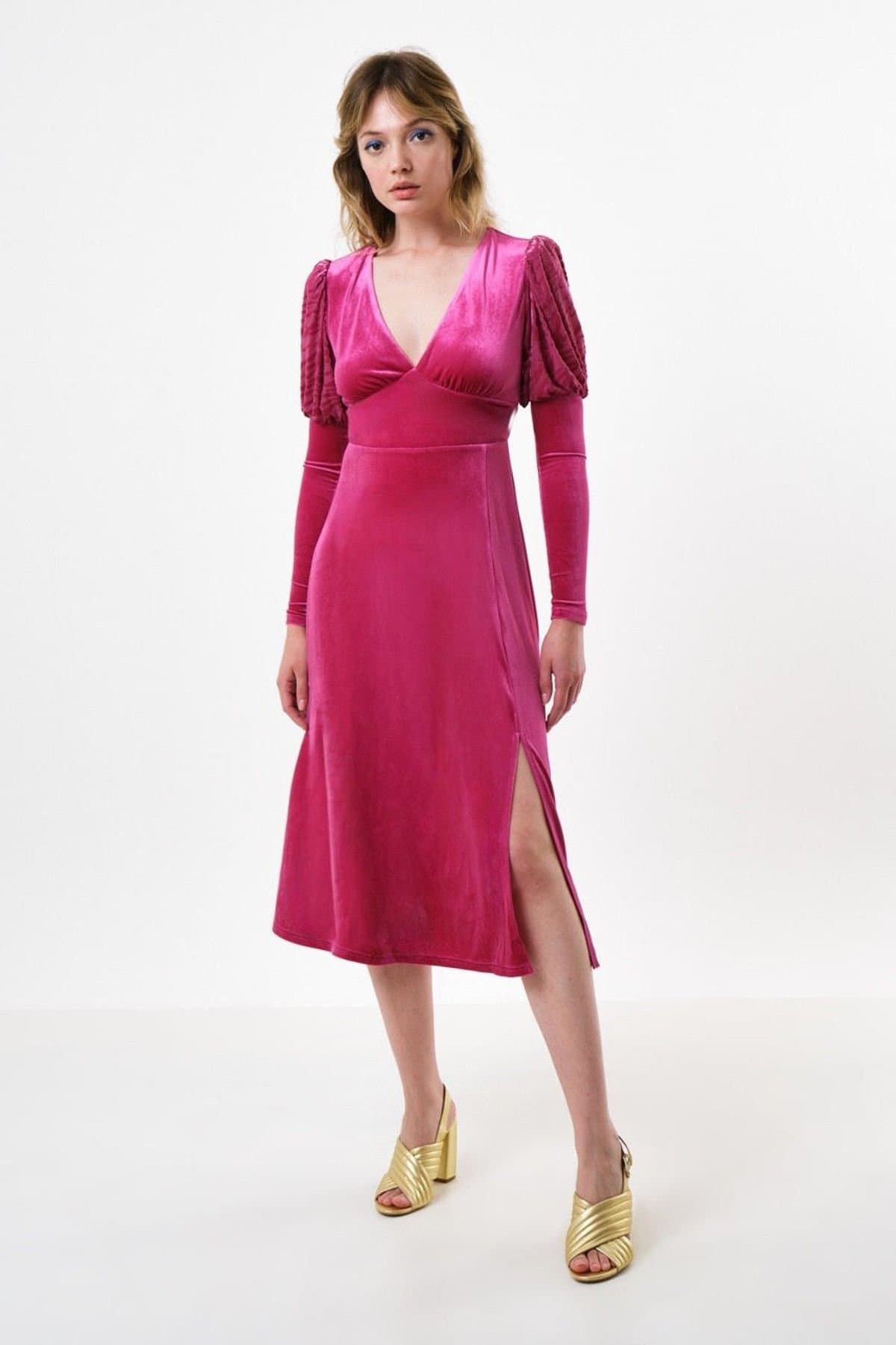 Louche Louche Women's Pink Velvet V-Neck Midi Dress