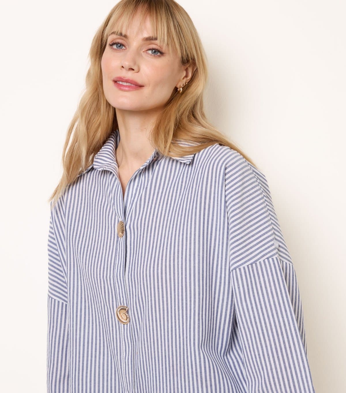 Blue Vanilla Women's Blue Striped Seashell Button Shirt Blue Vanilla New Look