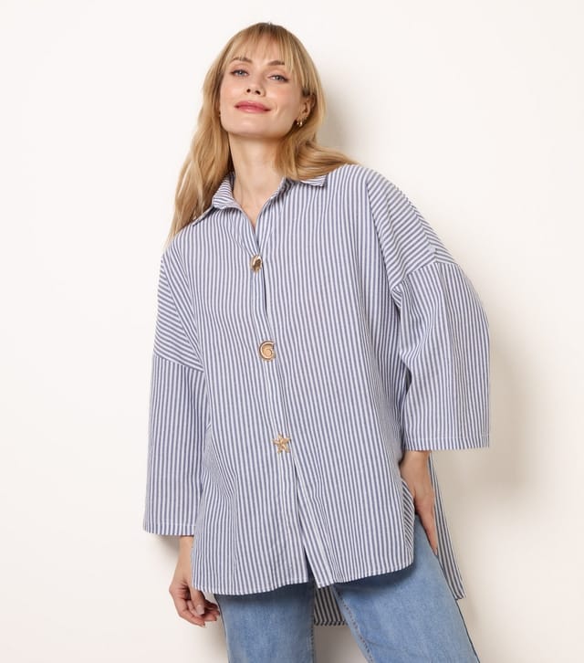 Blue Vanilla Women's Blue Striped Seashell Button Shirt Blue Vanilla New Look - 3