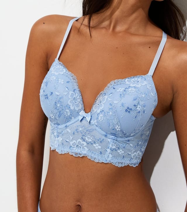 New Look Women's Blue Floral Lace Longline T-Shirt Bra New Look - 2