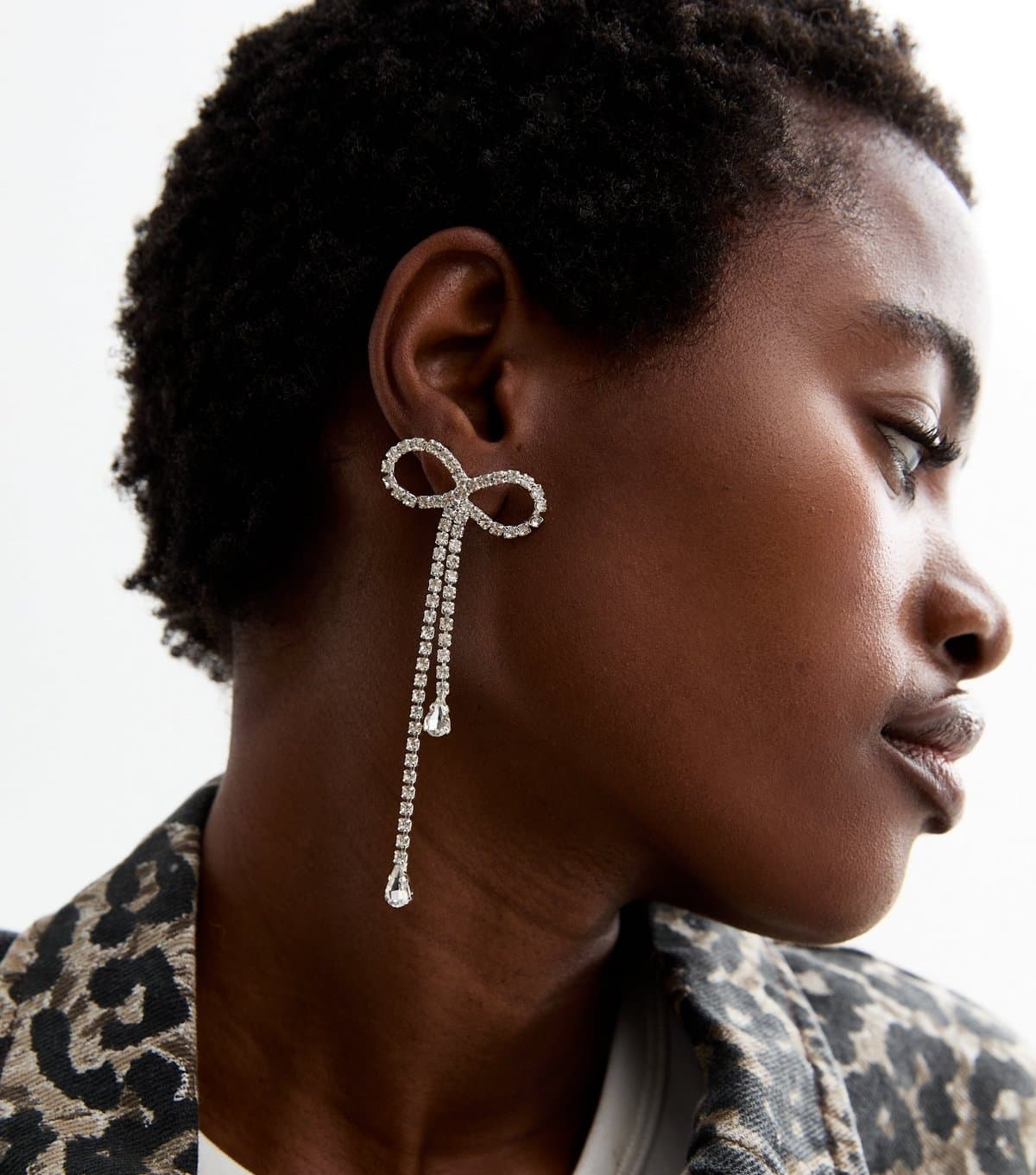 New Look Silver Tone Large Diamante Bow Tassel Earrings New Look