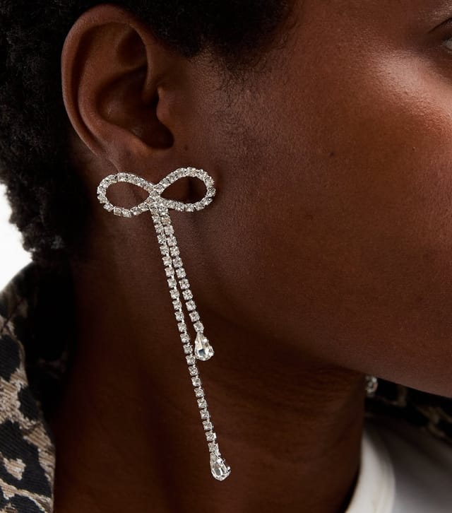 New Look Silver Tone Large Diamante Bow Tassel Earrings New Look - 2