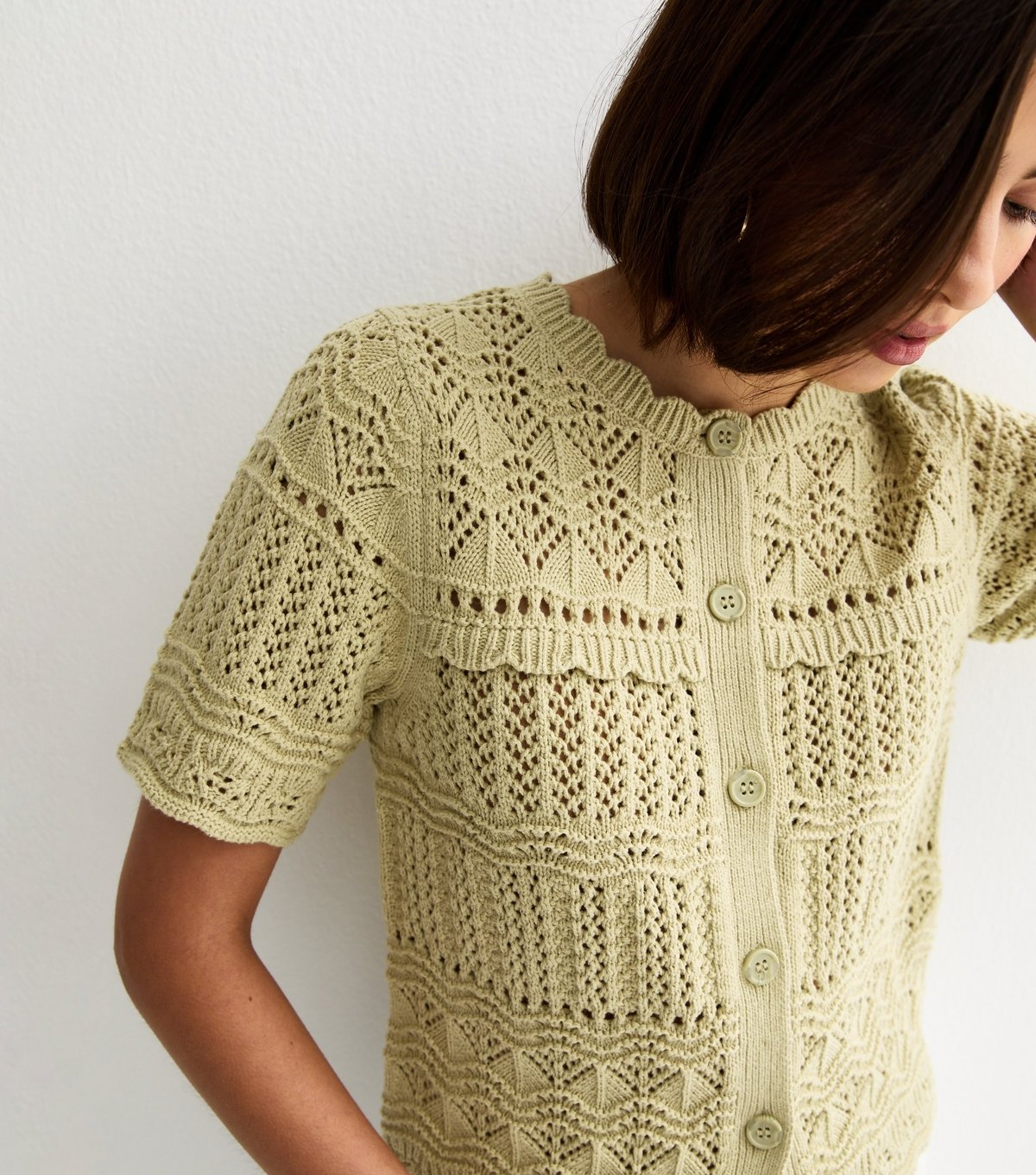 New Look Women's Green Cotton Rich Patterned Knit Short Sleeve Cardigan New Look - 2