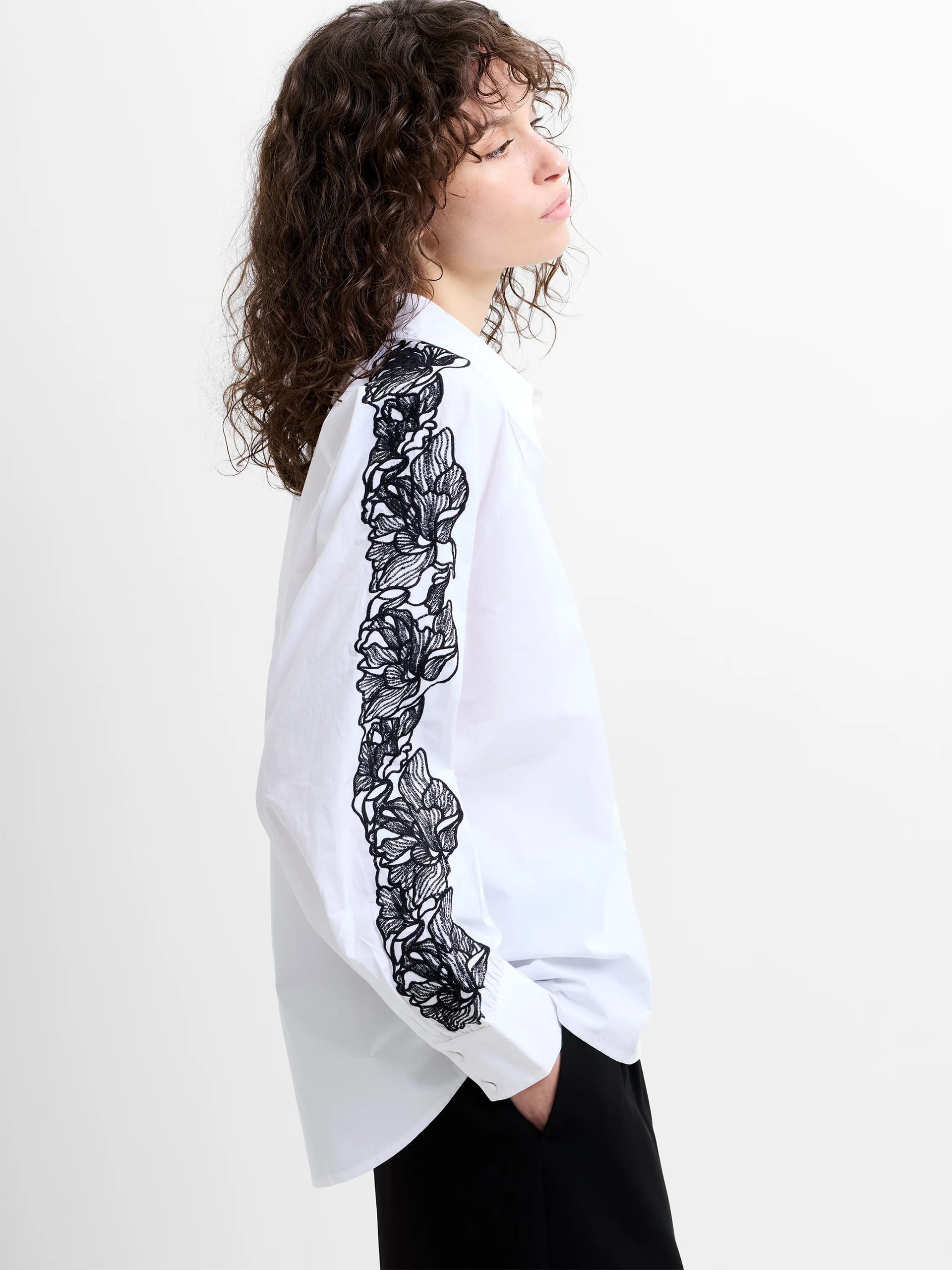 French Connection White Cotton Embroidered Long Sleeve Shirt
