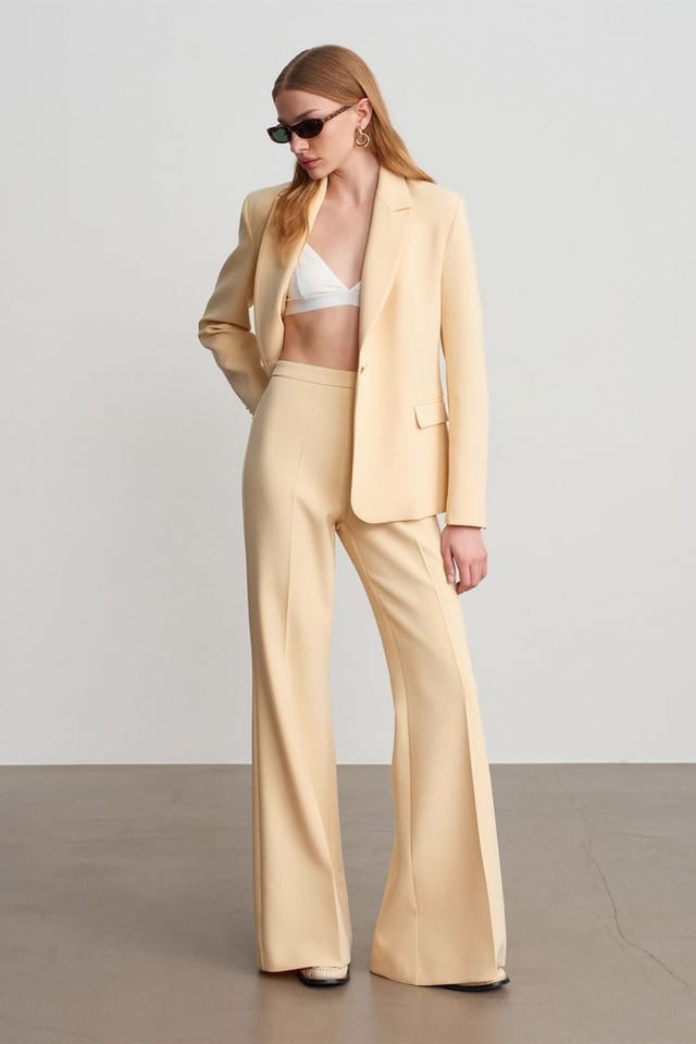 Dilvin Dilvin Women's High-waist Pleated Flare Pants in Beige - 2