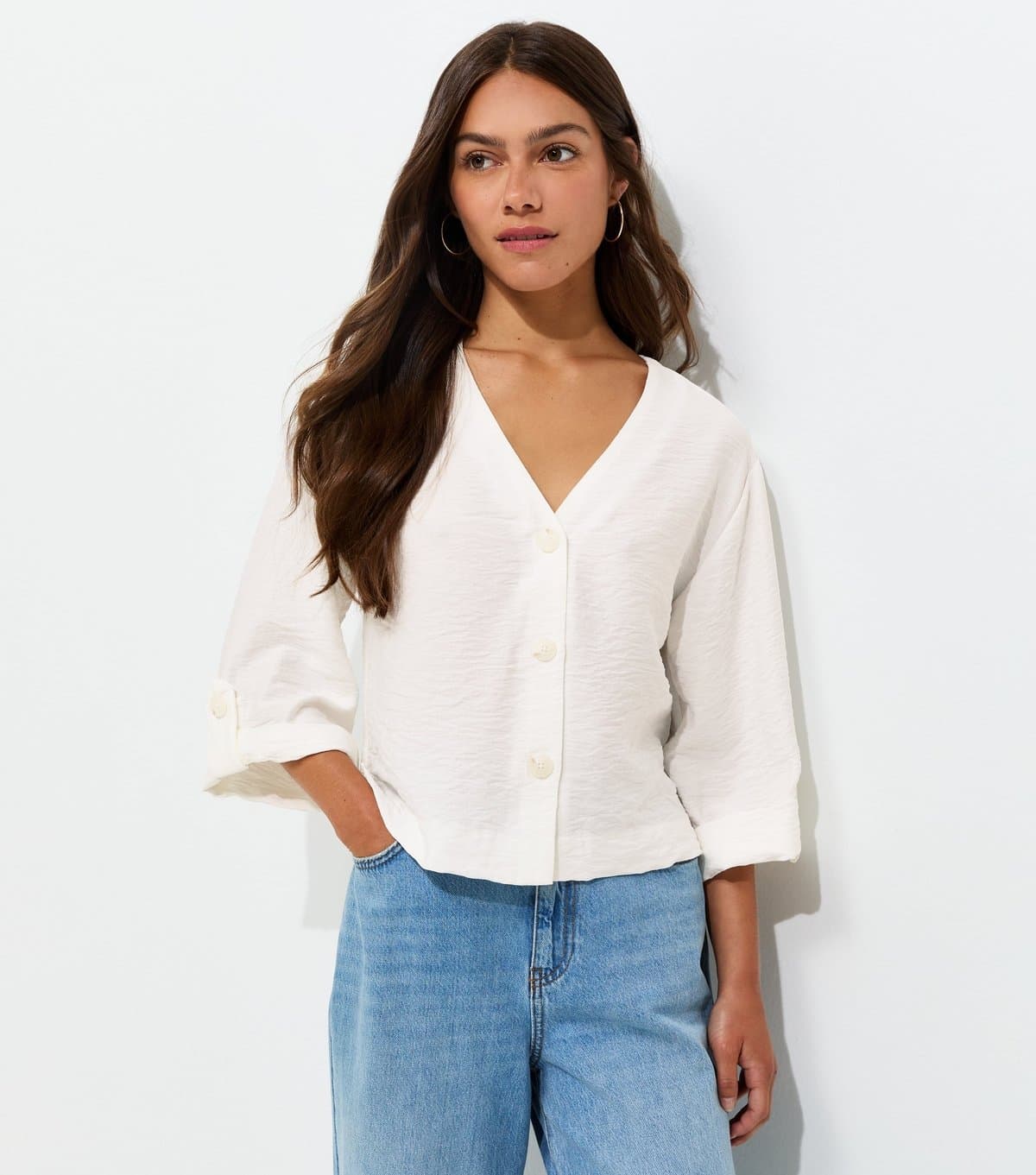 New Look New Look Cream Crinkle Texture Wide Sleeve Cropped Shirt