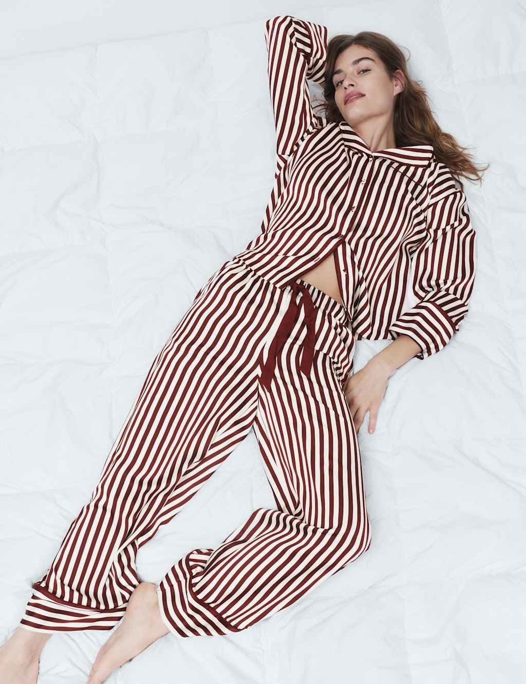 Marks & Spencer M&S Dream Satin™ Striped Revere Pyjama Set Burgundy Mix