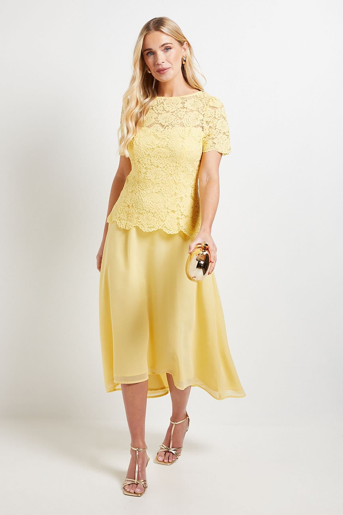 Wallis Wallis Women's Petite Lace Overlay Midi Dress in Yellow